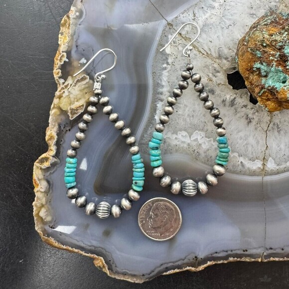 Sterling 4-6.5mm Navajo Pearl Southwester Style&4mm Turquoise Bead Hoop Earrings - Picture 8 of 10